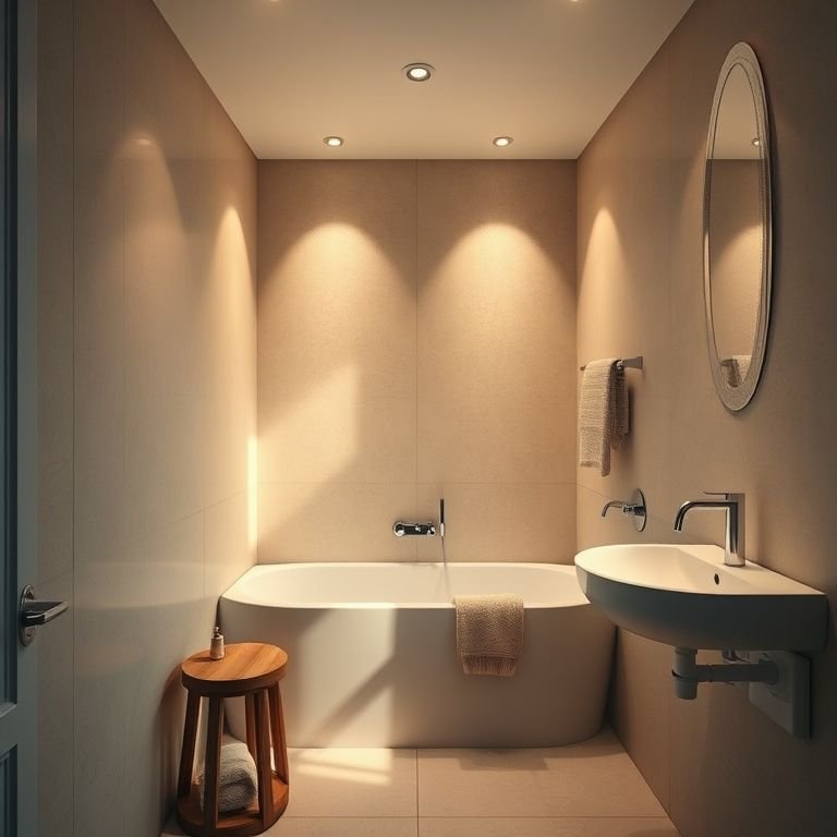 Banheiro pequeno com iluminação indireta, aconchegante e relaxante.