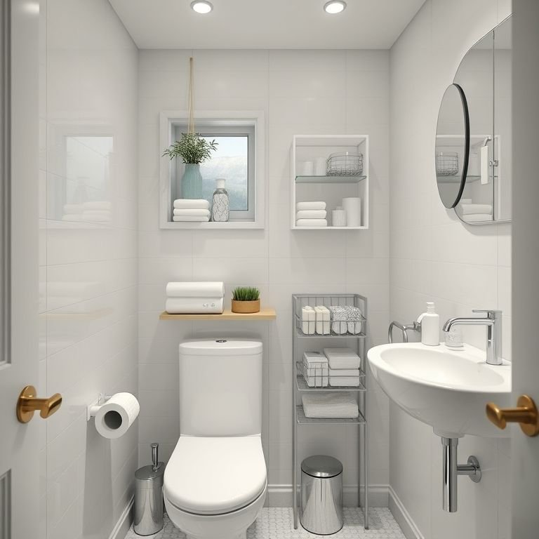 Banheiro pequeno com organizadores transparentes, prático e elegante.