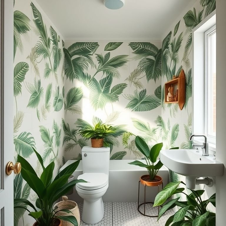 Banheiro pequeno com papel de parede tropical e plantas verdes.