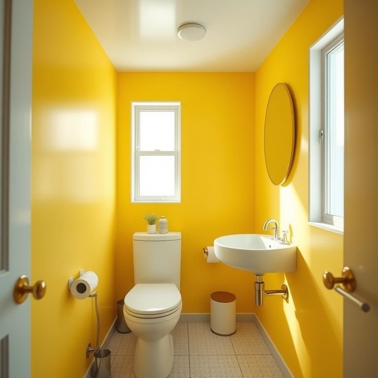 Banheiro pequeno com paredes amarelas e iluminação clara.