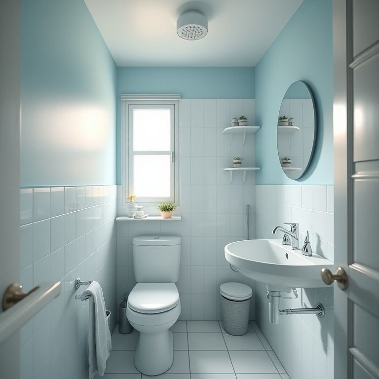 Banheiro pequeno com paredes azuis claras e revestimentos brancos.