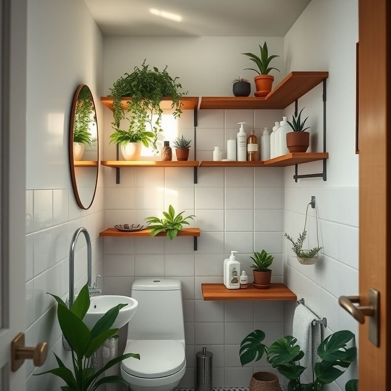 Banheiro pequeno com prateleiras de madeira organizadas.