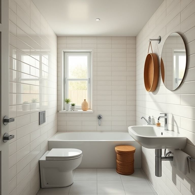 Banheiro pequeno com revestimento claro que amplia o espaço.