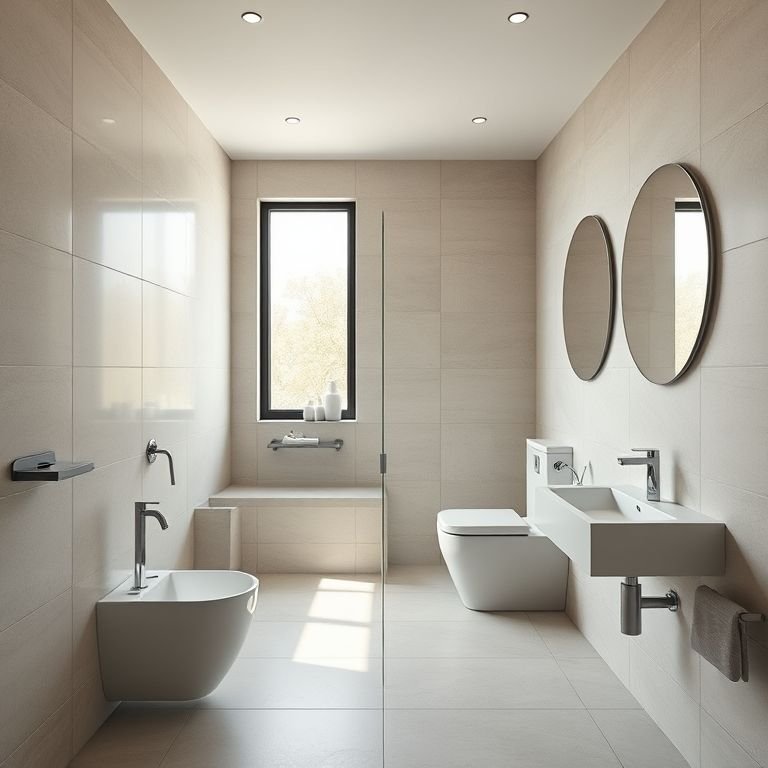 Banheiro pequeno com revestimento em grandes formatos, ampliando o espaço.