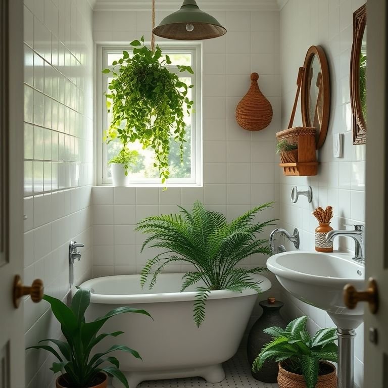 Banheiro pequeno com samambaia, um toque clássico e natural.