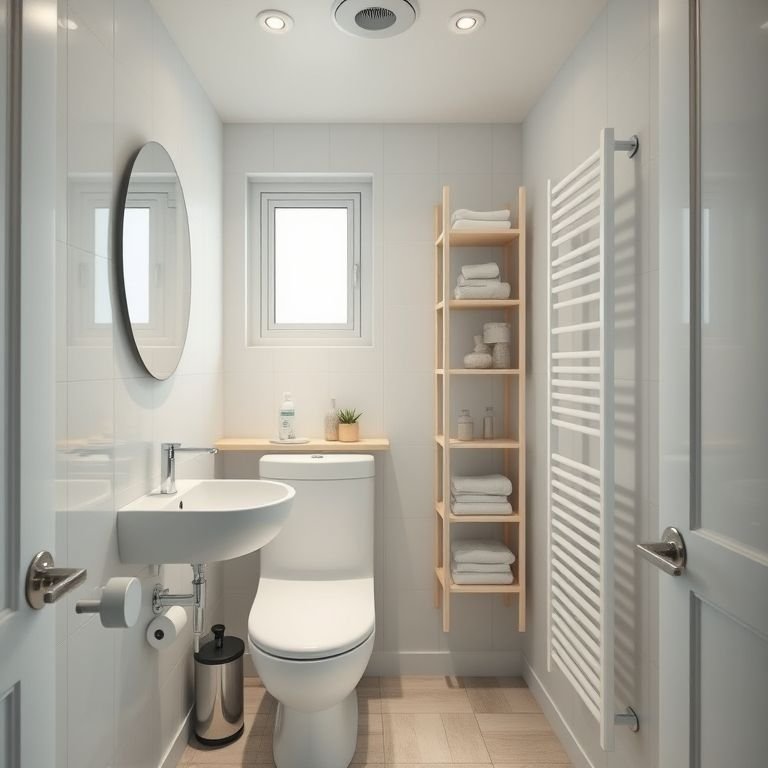 Banheiro pequeno com soluções inteligentes para otimizar o espaço.