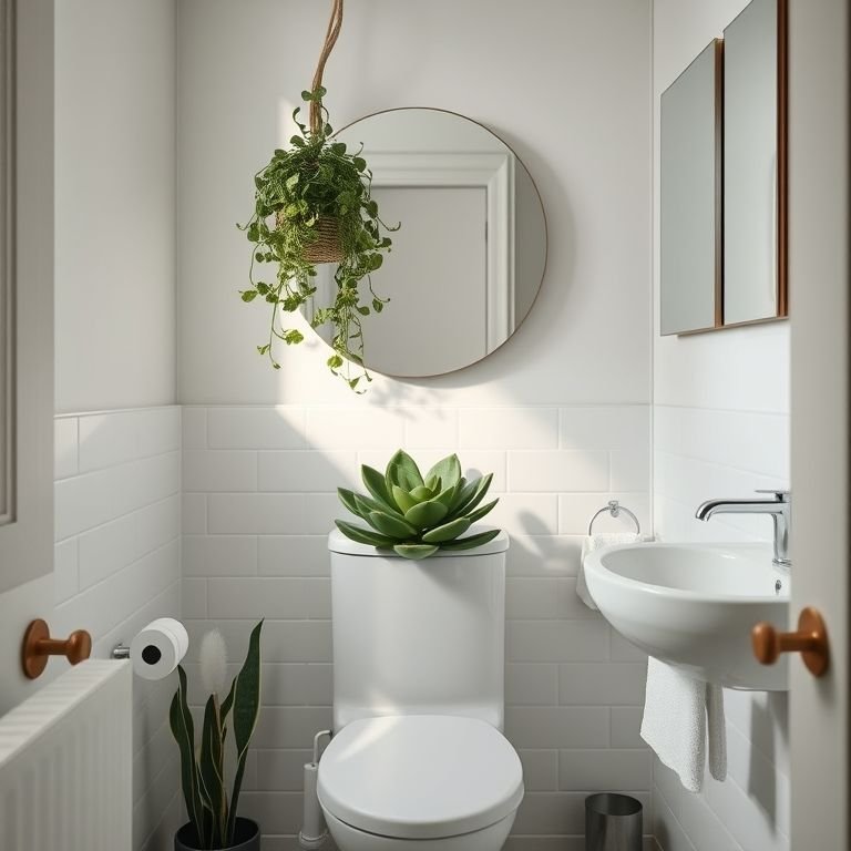 Banheiro pequeno com suculenta, prática e charmosa.