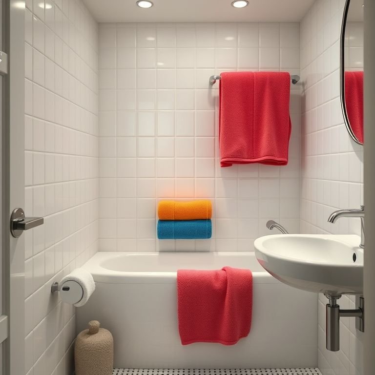 Banheiro pequeno com toalhas macias e coloridas, confortável e estiloso.