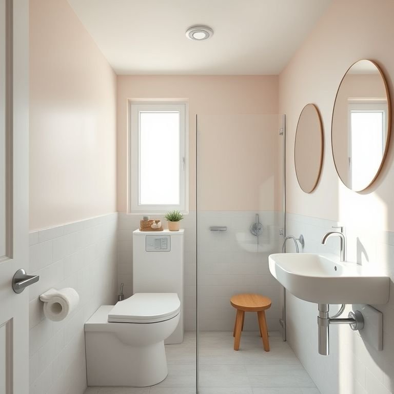 Banheiro pequeno e moderno em tons pastel, delicado e convidativo.