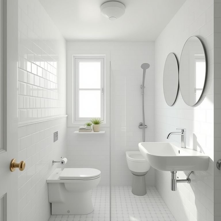 Banheiro pequeno todo branco com design atemporal.