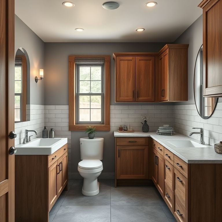 Banheiro planejado com armários de madeira e detalhes em cinza.