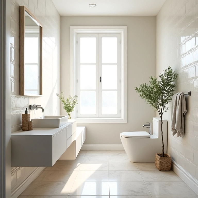 Banheiro quadrado com iluminação natural e design moderno