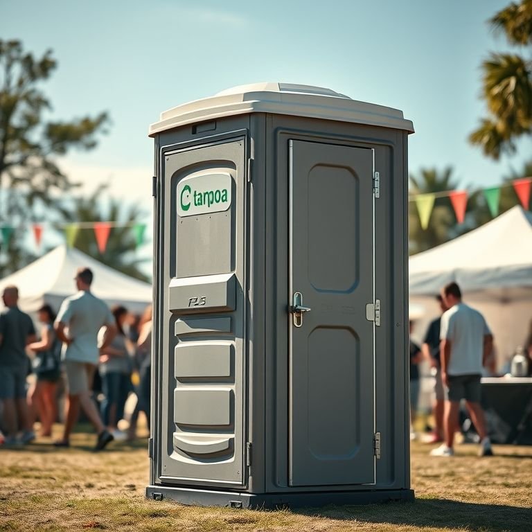 Banheiro químico em evento ao ar livre, dia ensolarado.