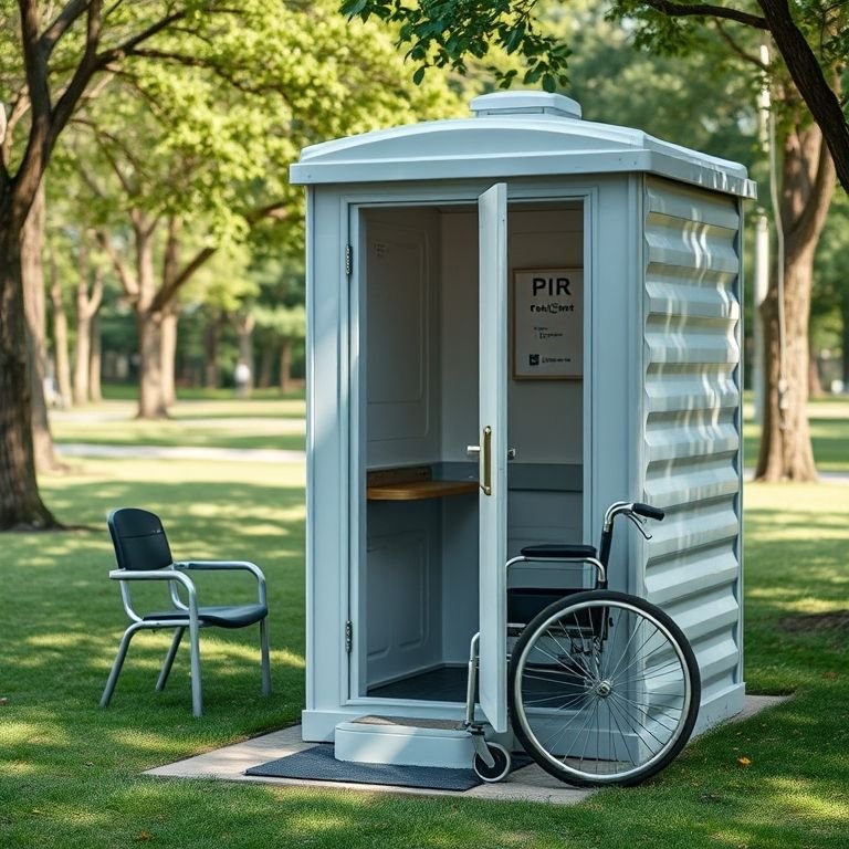 Banheiro químico portátil acessível para cadeirantes em um parque.