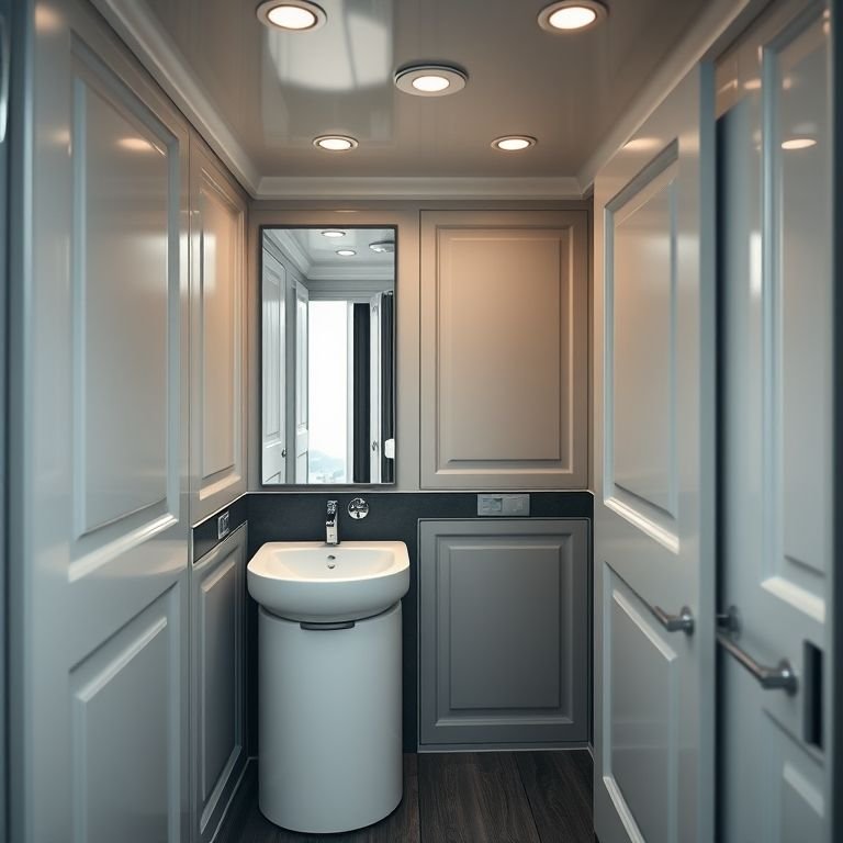 Banheiro químico portátil de luxo com pia e espelho em evento sofisticado.