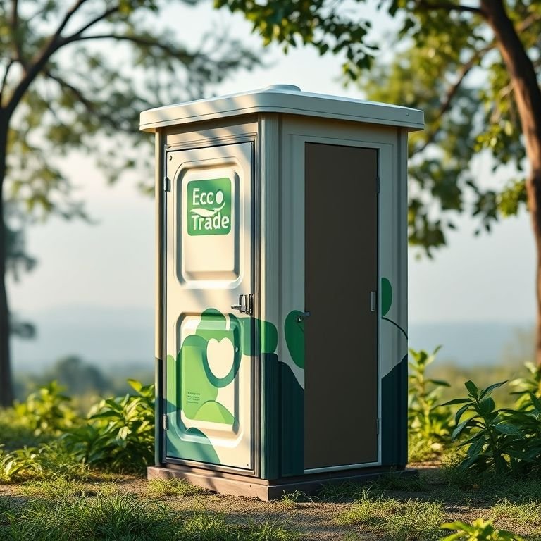 Banheiro químico portátil ecológico da Ecotrade Brasil em um evento ambiental.