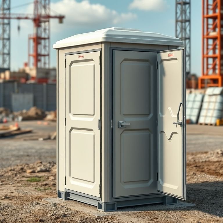 Banheiro químico portátil padrão em um canteiro de obras.
