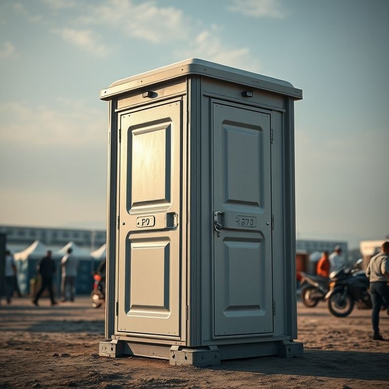 Banheiro químico portátil reforçado em um evento com grande fluxo de pessoas.