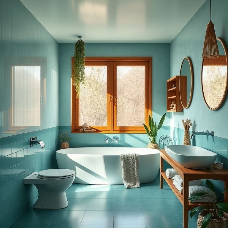 Banheiro relaxante com tons de azul turquesa, detalhes em madeira e luz natural.