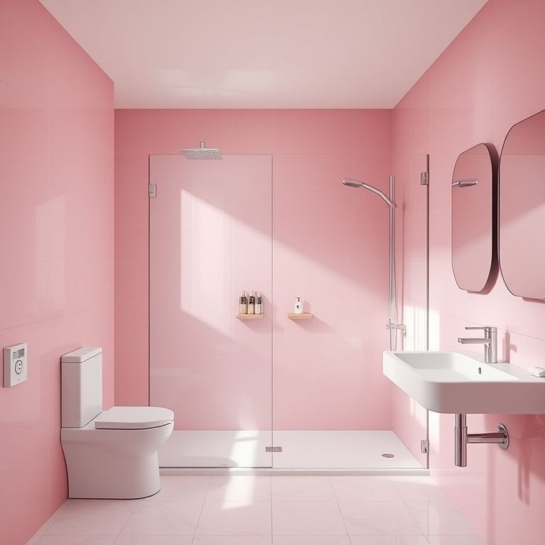 Banheiro rosa com box de vidro transparente e design minimalista.