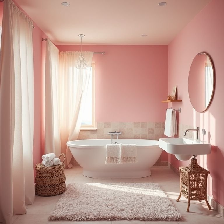 Banheiro rosa com cortinas suaves e tapete macio.