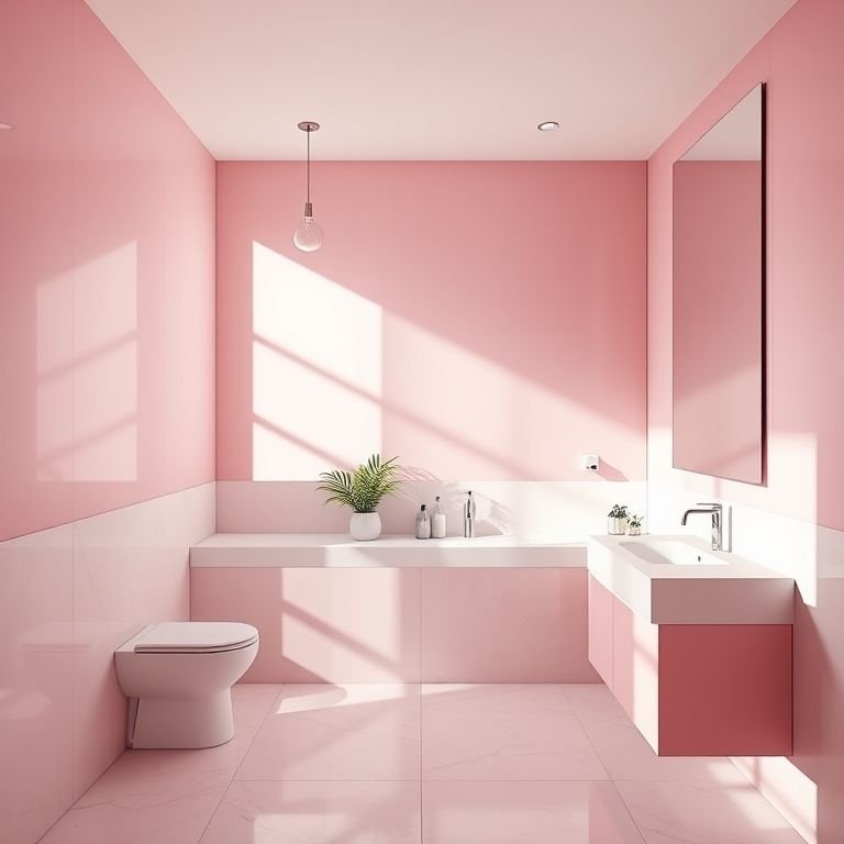 Banheiro rosa com espelho grande sem moldura, ampliando o espaço.