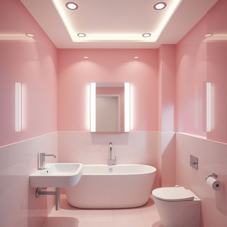 Banheiro rosa com iluminação suave e espelho iluminado.