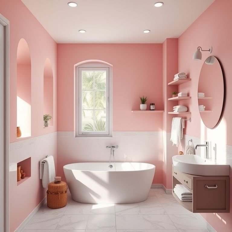 Banheiro rosa com nichos embutidos e prateleiras flutuantes.