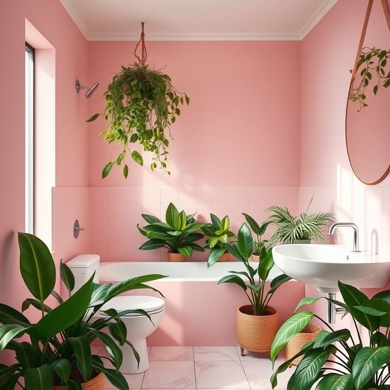Banheiro rosa com plantas em vasos e folhagem verde.