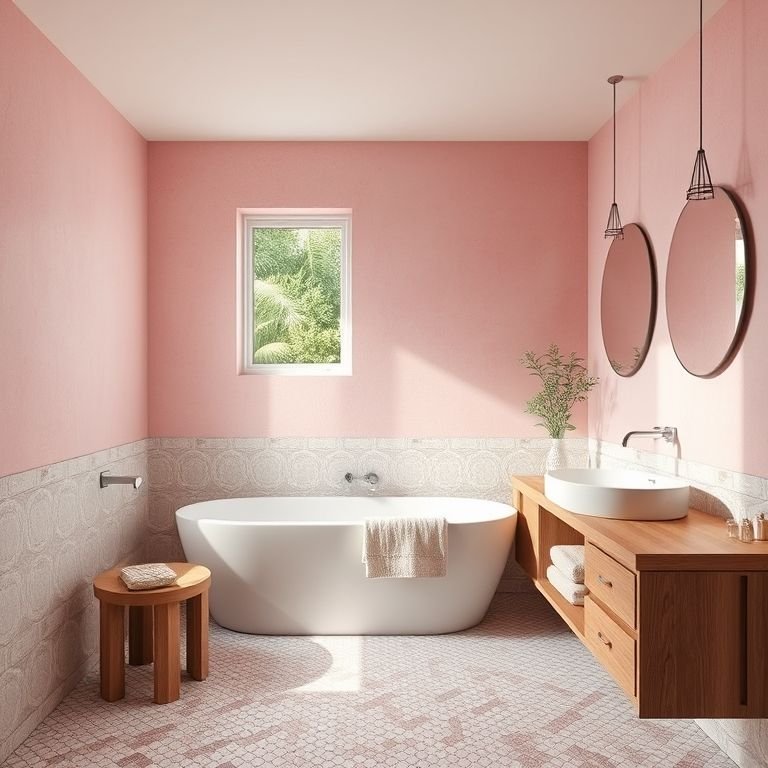 Banheiro rosa com revestimento texturizado e detalhes em madeira natural.