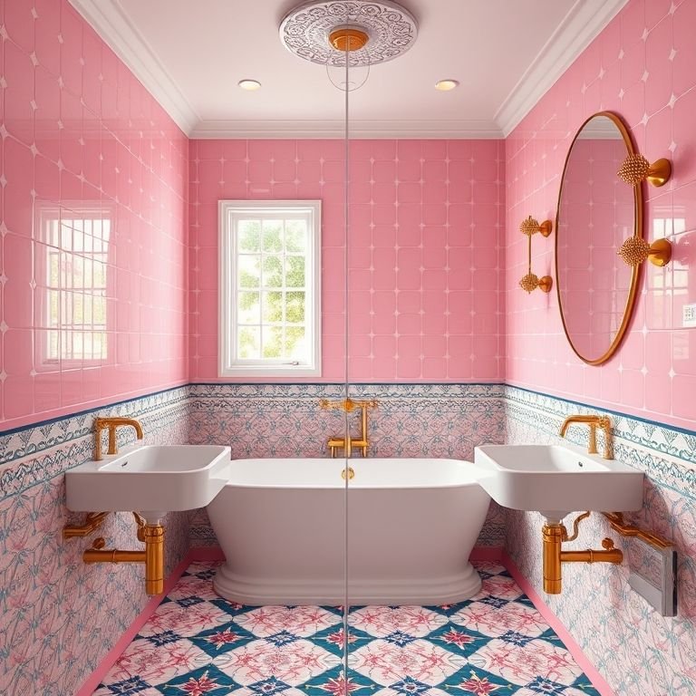 Banheiro rosa com revestimentos charmosos e design geométrico.