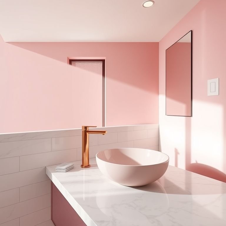 Banheiro rosa com torneira rose gold, pia de apoio e bancada de mármore.