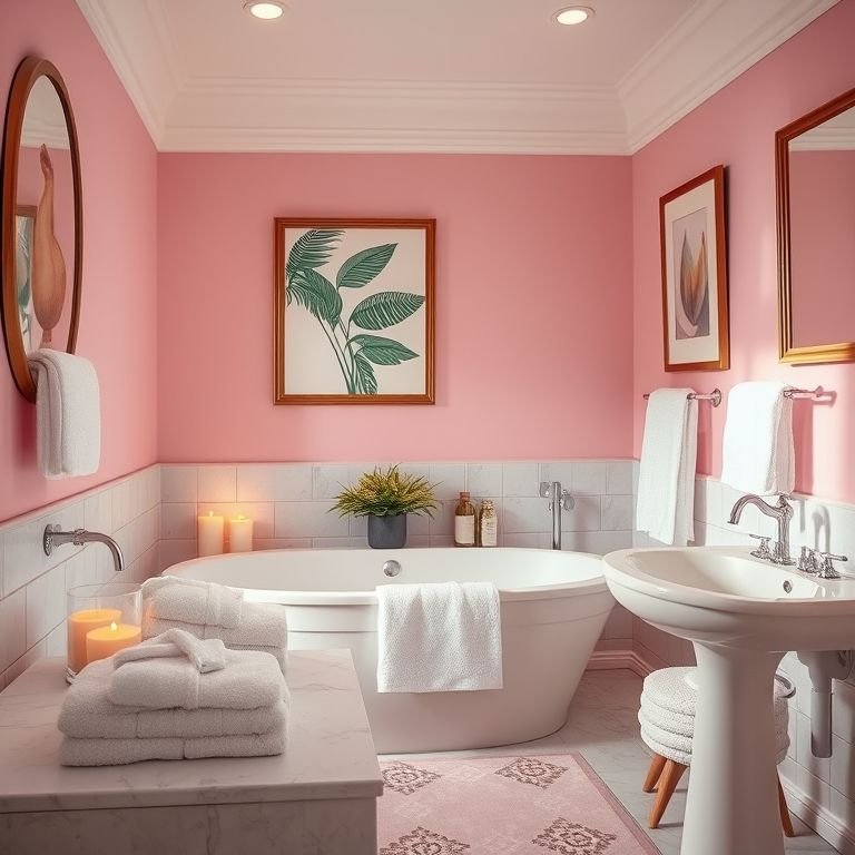 Banheiro rosa com velas decorativas, toalhas macias e obras de arte.