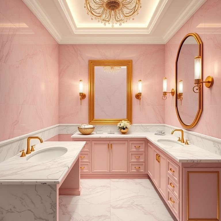 Banheiro rosa e dourado com bancada de mármore e espelho dourado.