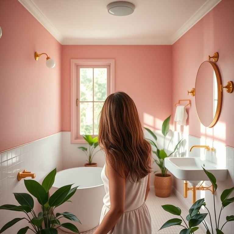 Banheiro rosa elegante com decoração vibrante e luz natural.