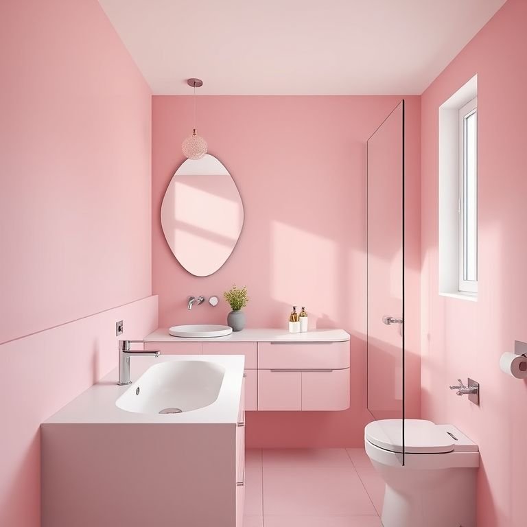 Banheiro rosa millennial com design moderno e espelho geométrico.