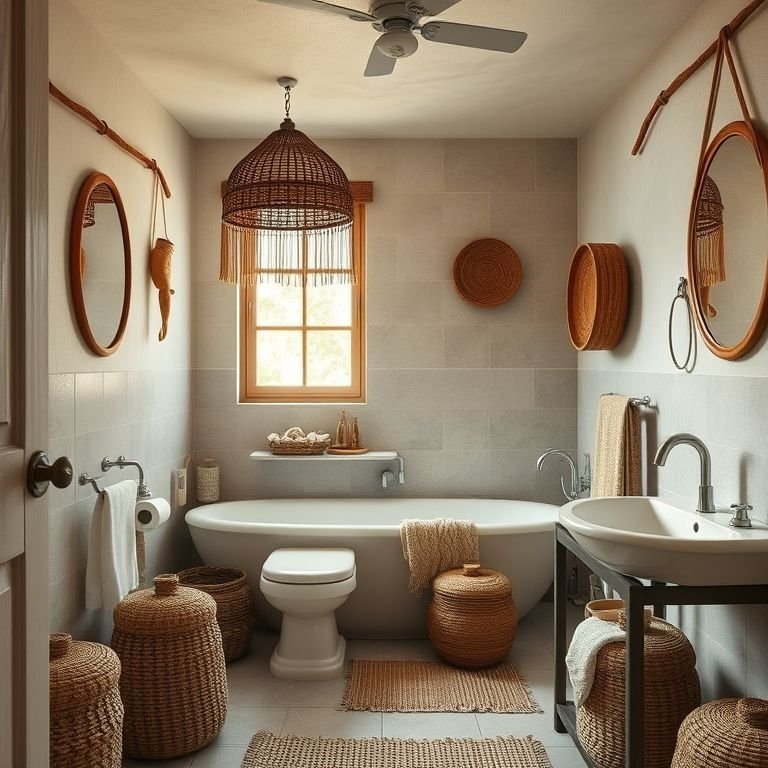 Banheiro rústico com acessórios de palha e vime.