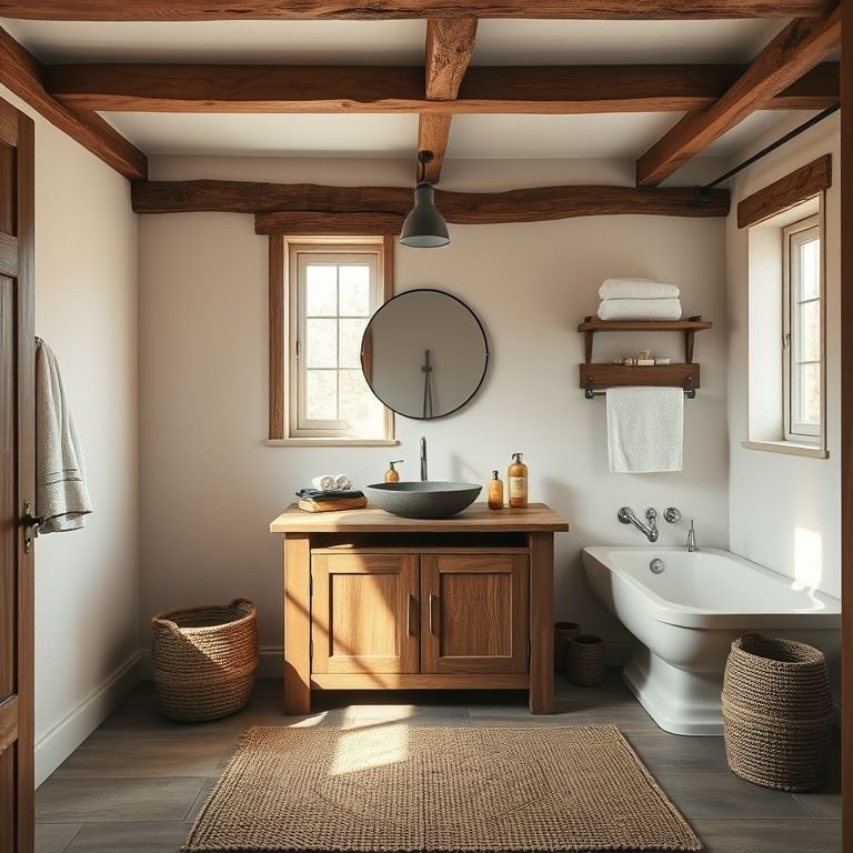 Banheiro rústico com bancada de madeira, pia de pedra e tapete de juta.