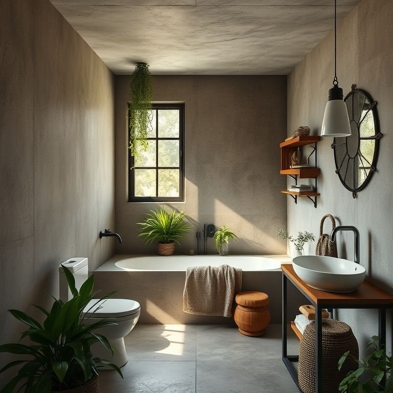 Banheiro rústico com cimento queimado e charme aconchegante.