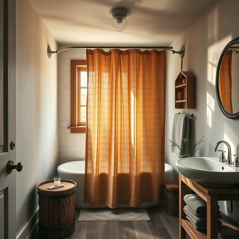 Banheiro rústico com cortina de tecido rústico no box.