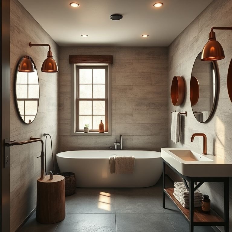 Banheiro rústico com detalhes em cobre.