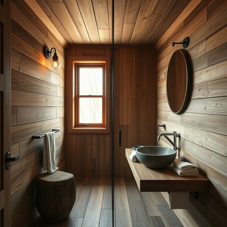 Banheiro rústico com madeira natural e pia de pedra.