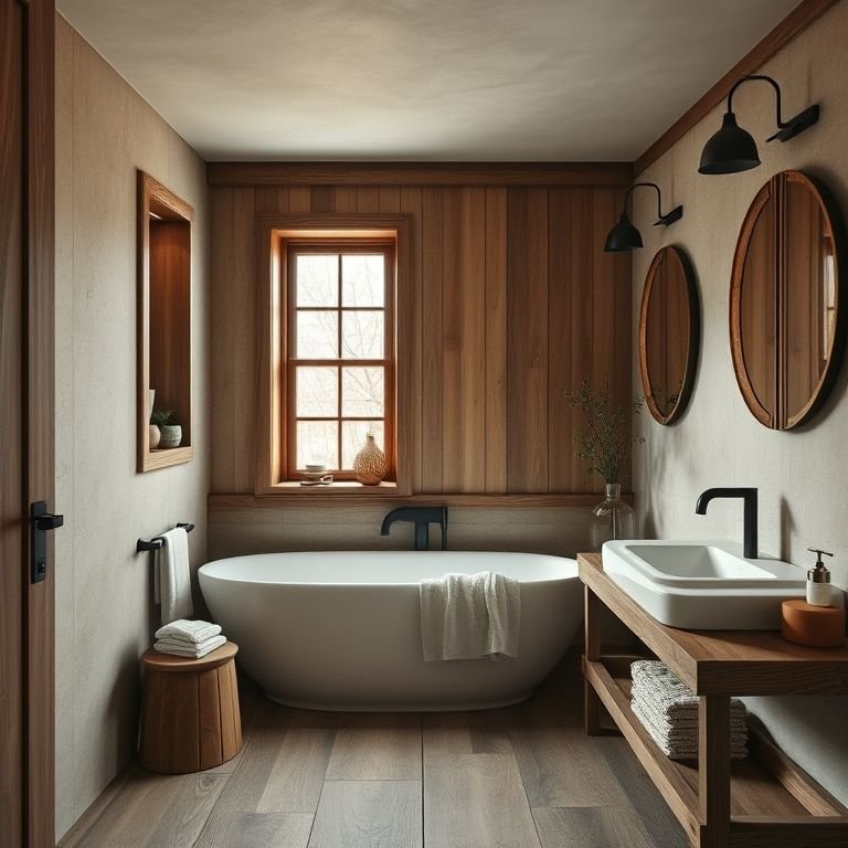 Banheiro rústico com nichos de madeira na parede.