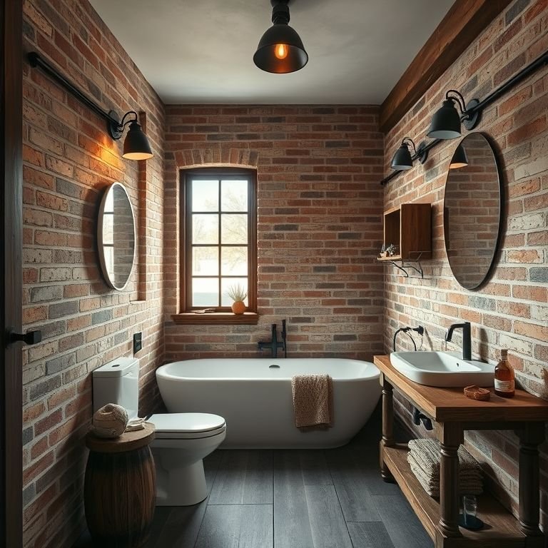 Banheiro rústico com paredes de tijolo aparente.
