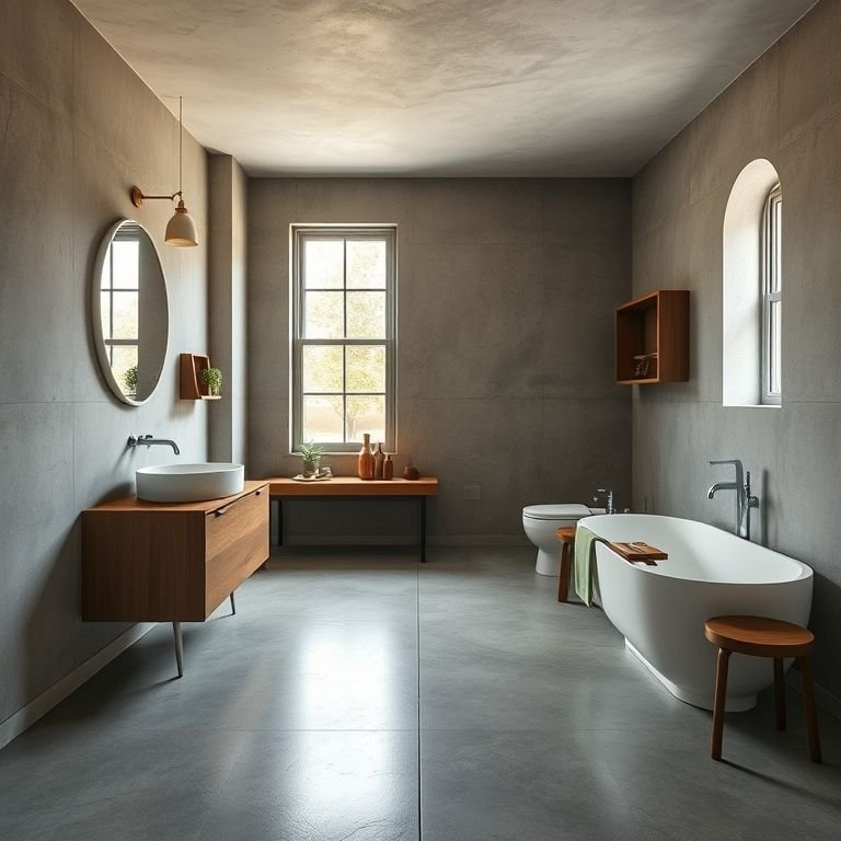 Banheiro rústico com piso de cimento queimado.