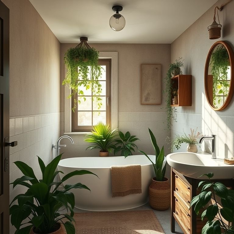 Banheiro rústico com plantas verdes.