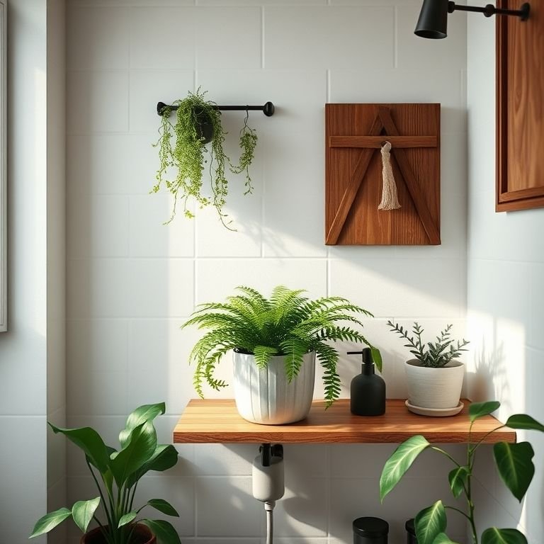 Banheiro rústico com samambaia em vaso sobre prateleira de madeira.