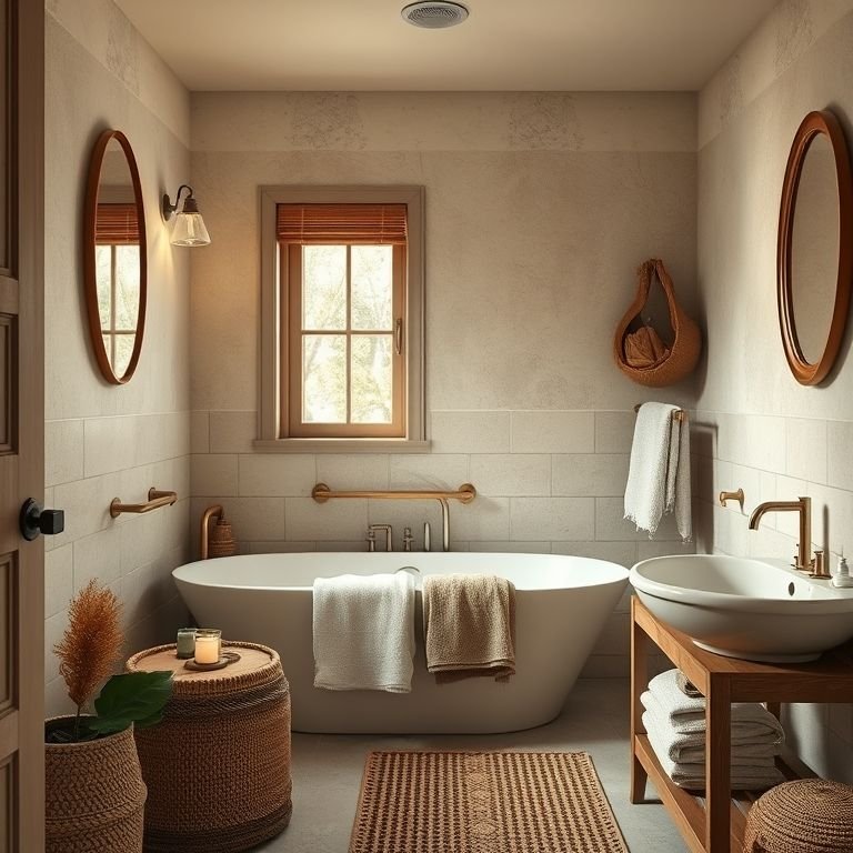 Banheiro rústico com toalhas de algodão em tons terrosos.