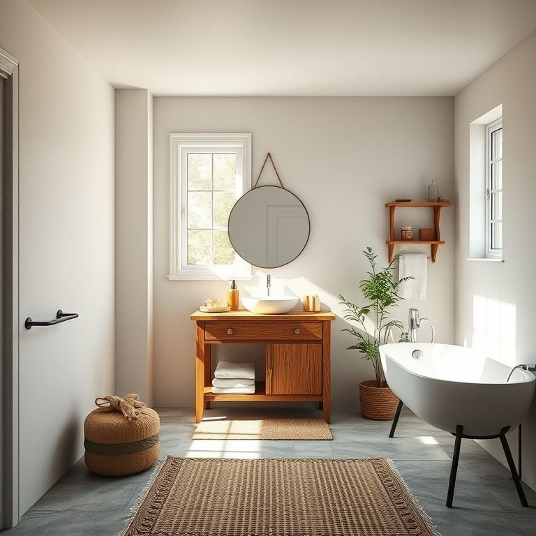 Banheiro rústico moderno com luz natural, bancada de madeira e piso de pedra.