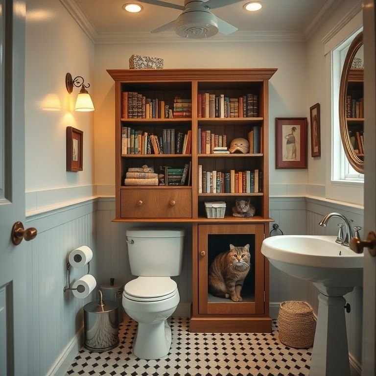 Banheiro secreto para gatos com acesso escondido.